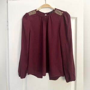 Zara burgundy red crepe long sleeve top with beaded embroidered shoulders XS